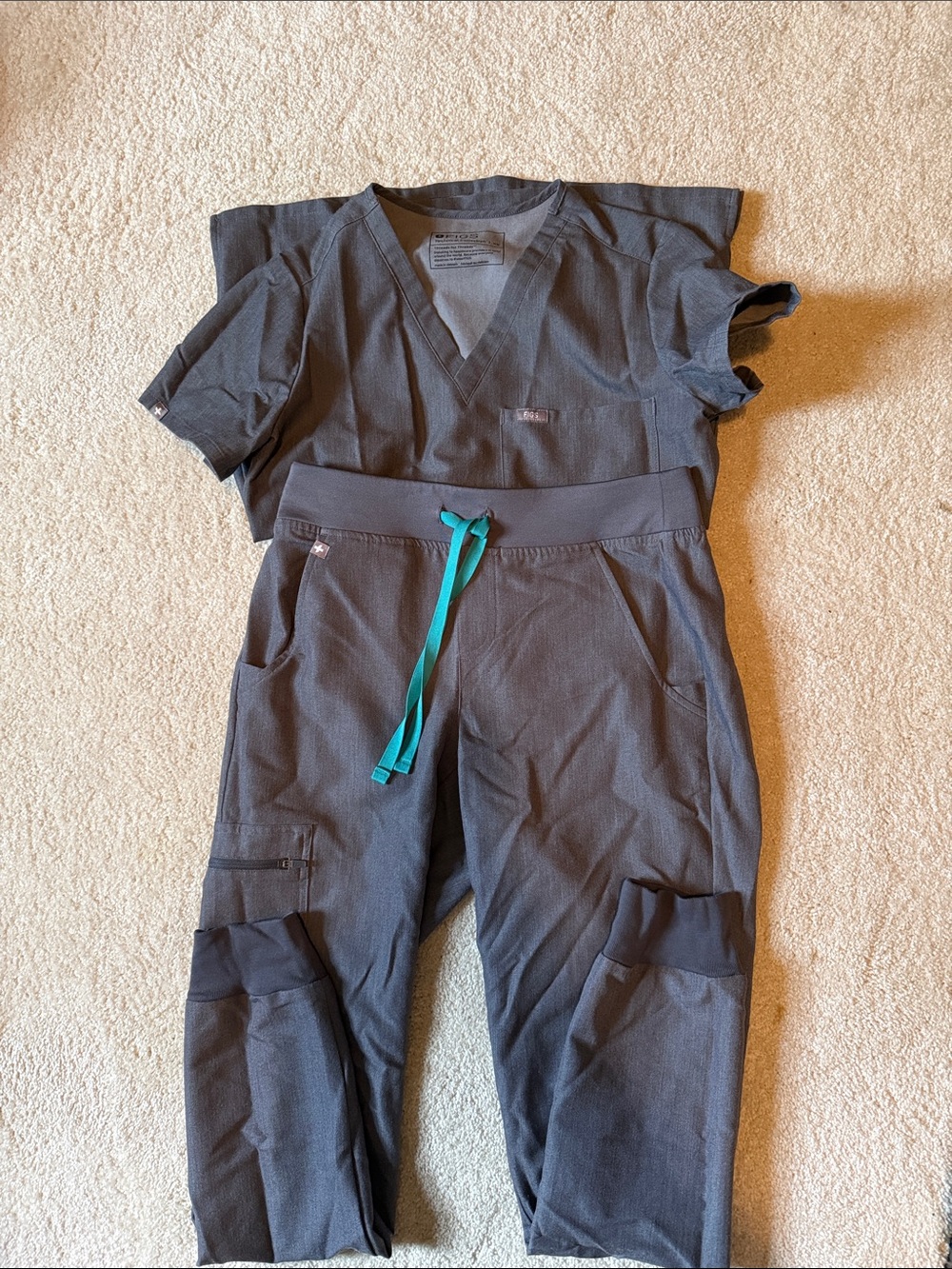 Figs Charcoal Scrub Top and Jogger Pants with Teal Drawstring